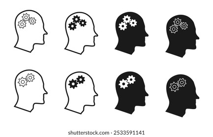 human head with gears icon set. concept for capability brainstorming or realization, vector illustration isolated on white background.