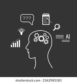 Human head with gears. Icons using AI, thinking process, planning, questions