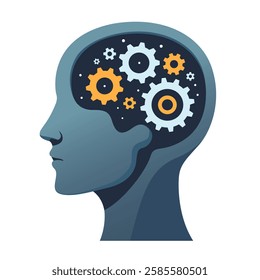 Human head with gears inside brain symbolizing thinking process