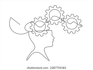 Human head with gears inside in Continuous one line drawing. Concept of creative brain process and Technology progress. Cogwheels in human body in thin linear style. Doodle Vector illustration