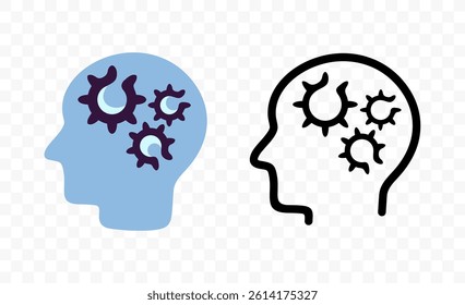 Human head with gears inside, graphic design. Thinking, problem-solving, creativity and mechanics of intelligence, vector design and illustration