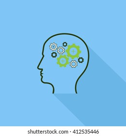 Human Head With Gears - Isolated On Blue Background - Vector Illustration, Graphic Design