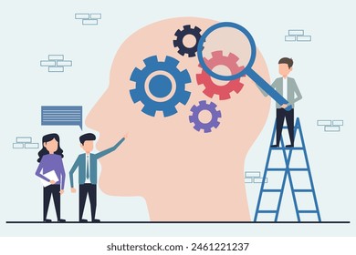 Cabeza humana con engranajes y lupa. Concepto de trabajo en equipo. Ilustración vectorial de diseño plano