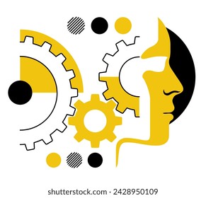 Human head with gears mechanism as a brain metaphor. Psychological vector concept in thin line