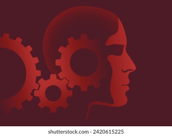 Human head with gears mechanism instead of brain. Psychological vector concept
