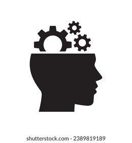 Human head gears tech logo, Cogwheel engineering technological inside brain, Artificial intelligence, Simple flat design icon symbol, Isolated on white background, Vector illustration