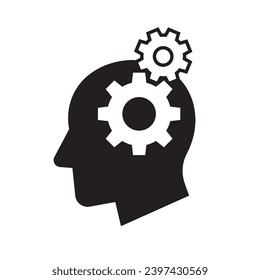 Human head gears tech logo, Cogwheel engineering technological inside brain, Artificial intelligence, Simple flat design icon symbol, Isolated on white background, Vector illustration