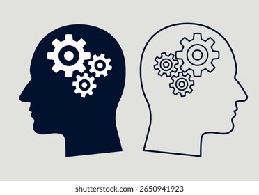 Human Head with Gears Tech Logo. Flat Icon Symbol of Artificial Intelligence, Brain Engineering, and Cogwheel Thinking in Technology Concept