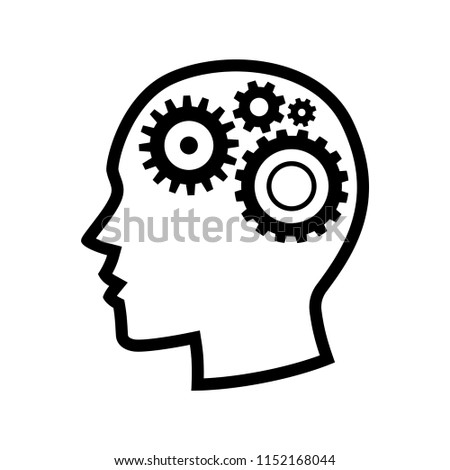 Human head gears tech logo, Cogwheel engineering technological inside brain, Artificial intelligence, Simple flat outline design icon symbol, Isolated on white background, Vector illustration