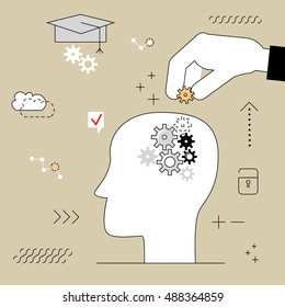 Human head with gears . Thinking education. Hand puts the item into your head . Vector illustration of a flat