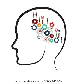 Human head with gears. Head thinking. Flat style