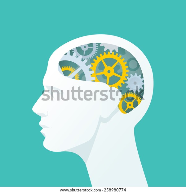 歯車と人間の頭 頭が考えてる フラットイラスト のベクター画像素材 ロイヤリティフリー