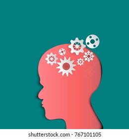Human head with gears. Head thinking.   paper art and craft style.