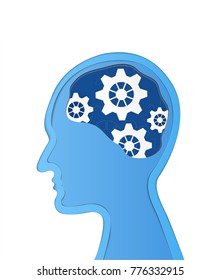Human head with gears. Head thinking.   paper art and craft style.