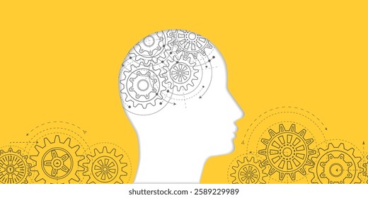Human head with gears. Thought process. The thinking human brain. Vector illustration.