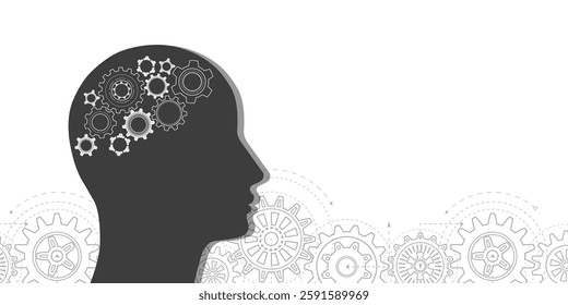 Human head with gears. Thought process. The thinking human brain. Vector illustration.