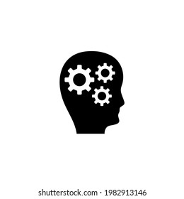 Human Head with Gears, Thoughts of Brain. Flat Vector Icon illustration. Simple black symbol on white background. Human Head Gears, Thoughts Brain sign design template for web and mobile UI element.