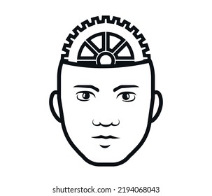 Cabeza humana con ilustración vectorial de los engranajes. Pensando en el icono del cerebro. Aislado sobre fondo blanco.