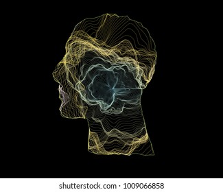 Human head with generative curve line. Concept of artificial intelligence, AI, deep learning. Vector illustration
