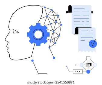 Cabeça humana com engrenagens de rede neural geométrica e dois documentos ilustrando inteligência artificial e automação. Ideal para inovação tecnológica inteligência artificial dados de aprendizado de máquina