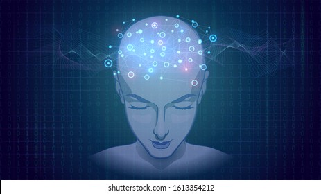 Human head with a glowing neural network, thought process, genius or artificial intelligence