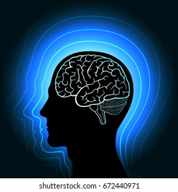 A human head with a glowing outline of the brain and radiating from her in waves