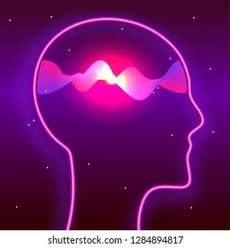Human head and glowing waves inside. Mindfulness, brain power, meditation concept. Biohacking, neurobiology theme illustration