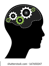 Human head with green and white gears. Black brainstorm concept with gears, brain and head silhouette. Isolated easy to edit eps10 vector illustration. Raster available in my portfolio.