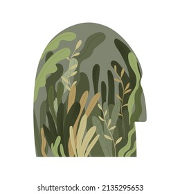 Human head with growing green plants inside. Environment and eco-friendly mindset concept. Person thinking about nature, ecology. Colored flat vector illustration isolated on white background