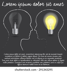 Human head, hand drawn by chalk and bulbs. Demonstrate the ideas and creativity. In vector style