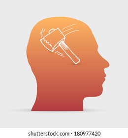 Human head with hand drawn chopping axe icon background illustration