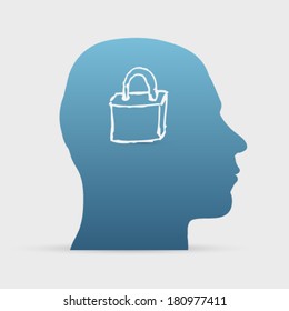 Human head with hand drawn closed lock icon background illustration
