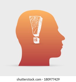 Human head with hand drawn exclamation mark icon background illustration