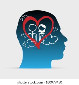 Human head with hand drawn man and women in love, concept background illustration