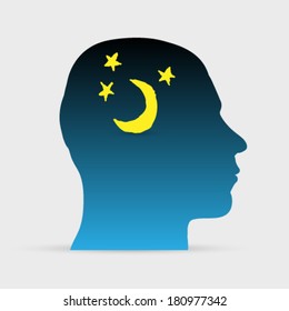Human head with hand drawn night sky background illustration
