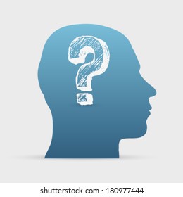 Human head with hand drawn question mark icon background illustration