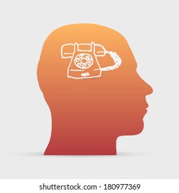 Human head with hand drawn retro telephone icon background illustration