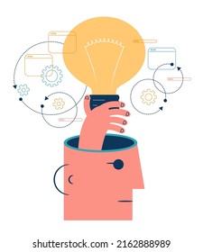 Human head and hand holding a light bulb. Business idea, plan strategy and solution concept. Big idea, thinking, innovation. Business start up.