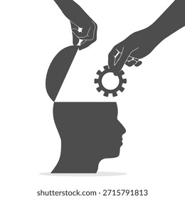 Human head with hand put cogwheel in it. Productivity, effectiveness. Intelligence and knowledge development with brain performance. Gear or technical wheel as learning element.