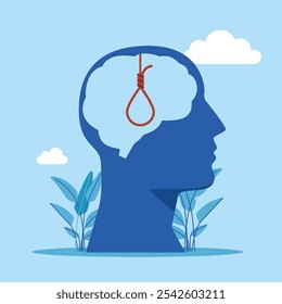 Human head with hangman's rope instead of brain. Thinking killing himself by hanging end end life. Modern flat vector illustration