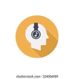 Human head with headphones vector flat round icon with long shadow isolated on white background