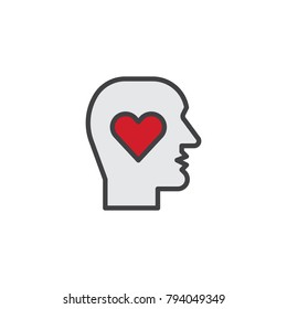 Human head with heart filled outline icon, line vector sign, linear colorful pictogram isolated on white. In love person symbol, logo illustration. Pixel perfect vector graphics