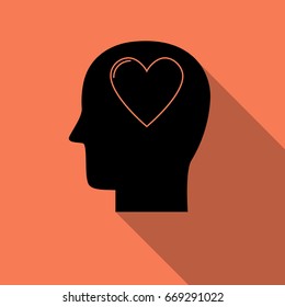 Human head with heart icon ,love symbol with long shadow. Creative logo design. Modern pictogram concept for web design