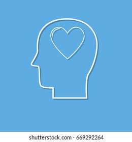 Human head with heart icon ,love symbol cut from white paper. Creative logo design. Modern pictogram concept for web design