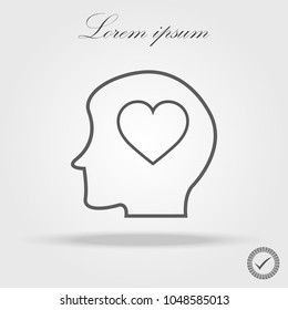 Human head with heart icon vector, filled flat sign, solid pictogram isolated on white. Lover head symbol, logo illustration.
