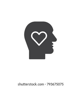 Human head with heart icon vector, filled flat sign, solid pictogram isolated on white. Lover head symbol, logo illustration.