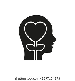 Human Head with Heart and Plant Solid Icon. Mental Well-Being and Positive Thinking Silhouette Symbol. Isolated Vector Illustration.