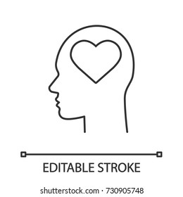 Human head with heart shape inside linear icon. Thoughts about love. Thin line illustration. Romantic mood. Vector isolated outline drawing. Editable stroke