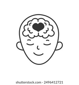 Cabeza humana con el símbolo del corazón en la ilustración del Doodle del cerebro. Icono de Amor y Bondad. Cara con los ojos cerrados soñando pensando meditando acción de gracias. Arte de línea de Vector aislado 