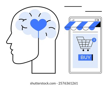 A human head with a heart-shaped brain, next to a smartphone displaying a shopping cart and a buy button. Ideal for online shopping, consumer psychology, e-commerce, digital marketing, and user